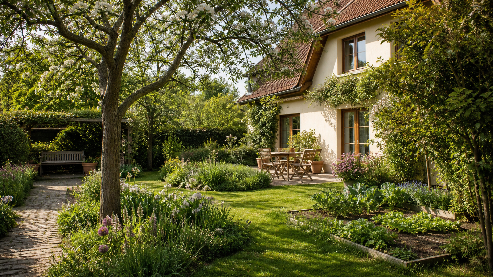 Wohnhaus mit Terrasse, Obstbaum, Blumenbeeten und Gemüsegarten